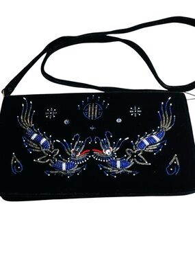Vintage Dông Thânk Dakao Black Velvet Shoulder Bag Embellished with Beadwork